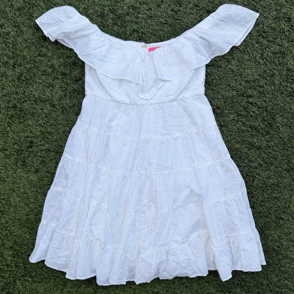 Lilly Pulitzer Emie Babydoll White Eyelet Off Shoulder Ruffle Dress Sz 0 Cottage